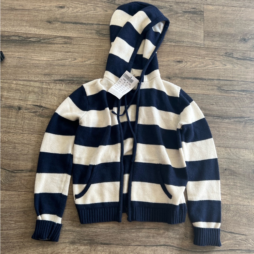 Brandy Melville alana wool stripped zip up sweater navy & cream. Nwt